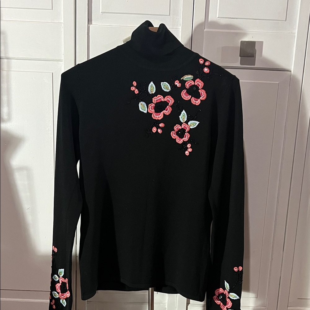 Michelle Nicole Black Floral Long Sleeve Top with embroidery.
